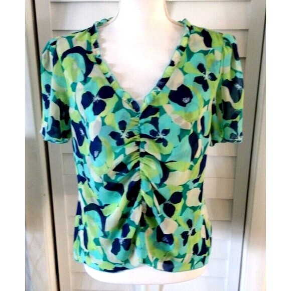 CAbi Trixi Top short sleeve zip side closure v-neck shirring lined S - Picture 2 of 10